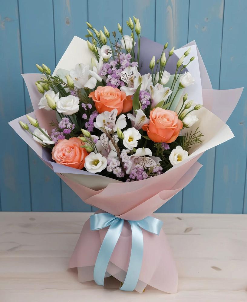 Букет цветов из: Лизиантусы, Розы, Альстромерии и Гипсофила в Соколе Магаданской области