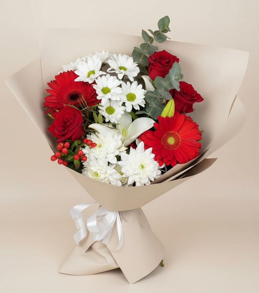 Букет цветов из: Розы, Хризантемы, Герберы и Лилии в Соколе Магаданской области